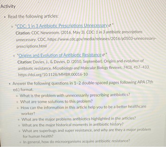Activity Read The Following Articles O Cdc 1 In 3 Antibiotic Prescriptions Unnecessary Citation Cdc Newsroom 20 1