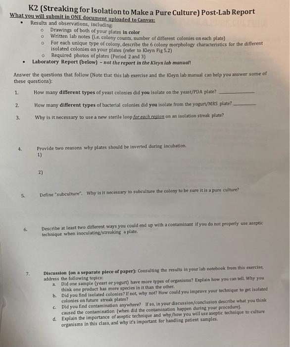 K2 Streaking For Isolation To Make A Pure Culture Post Lab Report What You Will Submit In One Document Uploaded To Can 1