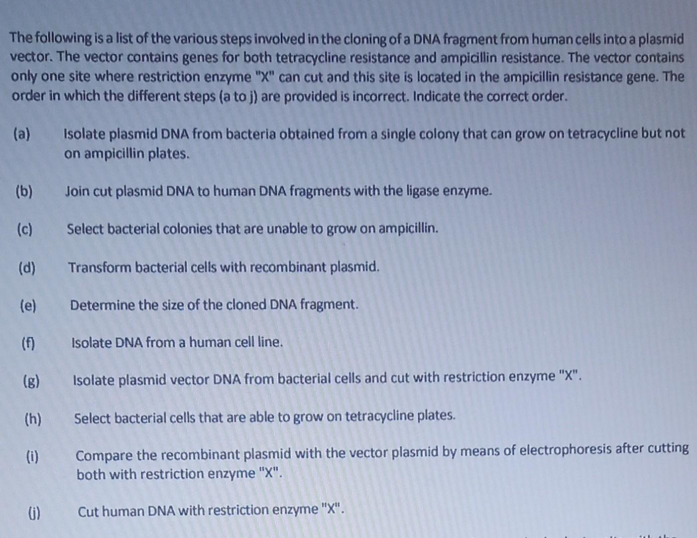 The Following Is A List Of The Various Steps Involved In The Cloning Of A Dna Fragment From Human Cells Into A Plasmid V 1
