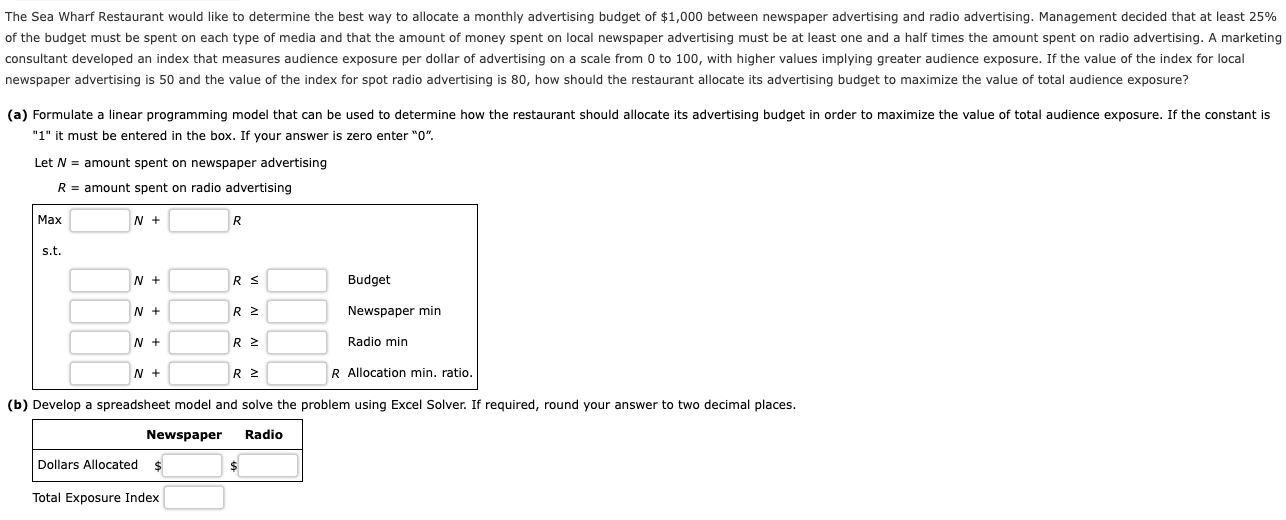 The Sea Wharf Restaurant Would Like To Determine The Best Way To Allocate A Monthly Advertising Budget Of 1 000 Between 1