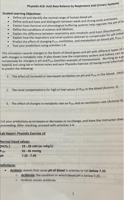 Physioex 10 Acid Base Balance By Respiratory And Urinary Systems Student Learning Objectives Define Ph And Identify T 1