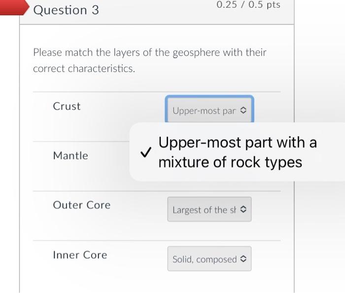 0 25 0 5 Pts Question 3 Please Match The Layers Of The Geosphere With Their Correct Characteristics Crust Upper Most 2