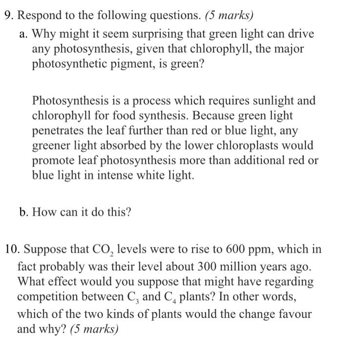 9 Respond To The Following Questions 5 Marks A Why Might It Seem Surprising That Green Light Can Drive Any Photosyn 1