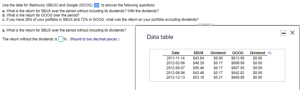 Use The Data For Starbucks Sbux And Google Goog B To Answer The Following Questions A What Is The Return For Sbux 1