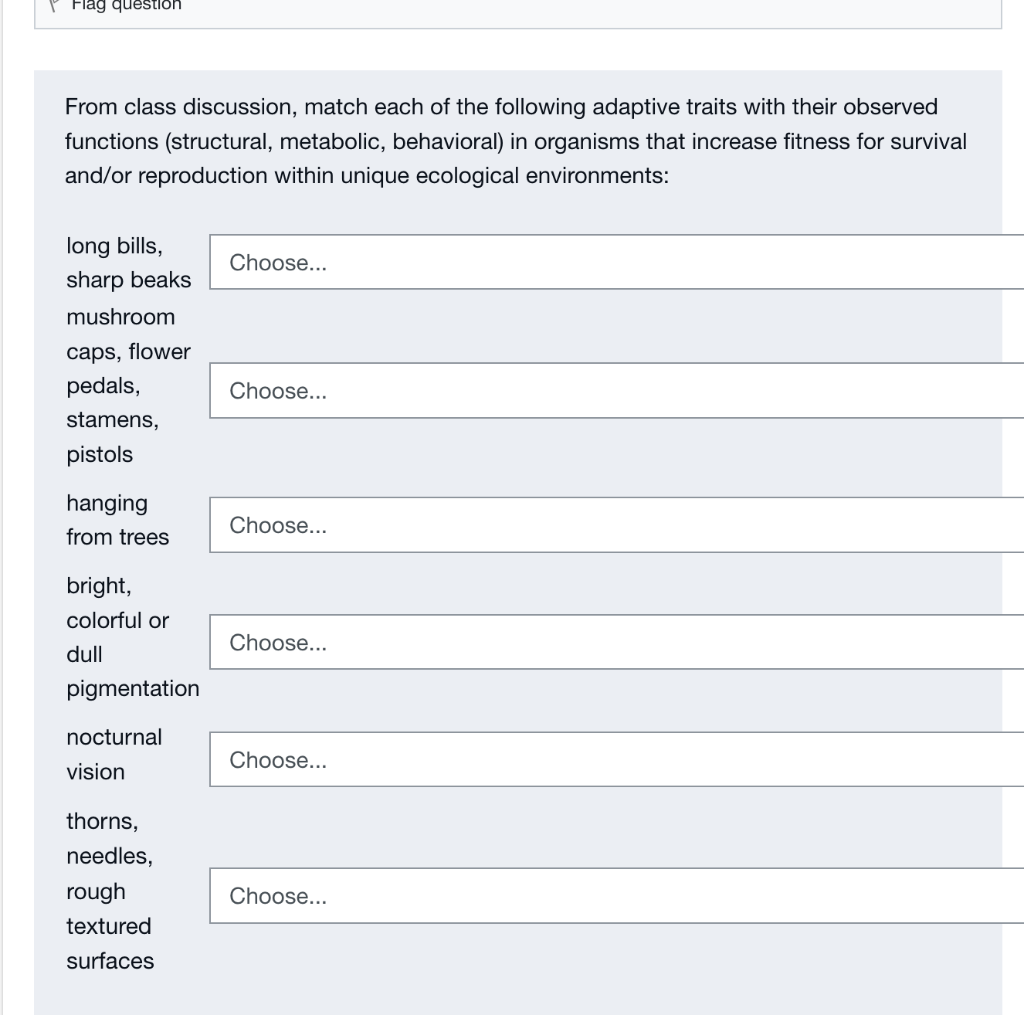 Flag Question From Class Discussion Match Each Of The Following Adaptive Traits With Their Observed Functions Structur 1