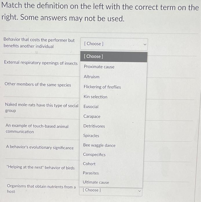 Match The Definition On The Left With The Correct Term On The Right Some Answers May Not Be Used Behavior That Costs T 1