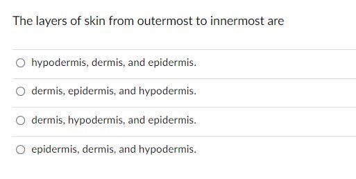 The Layers Of Skin From Outermost To Innermost Are Hypodermis Dermis And Epidermis Dermis Epidermis And Hypodermis 1