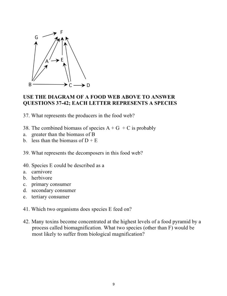 B Cd Use The Diagram Of A Food Web Above To Answer Questions 37 42 Each Letter Represents A Species 37 What Represent 1