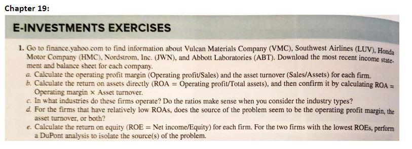 Chapter 19 E Investments Exercises 1 Go To Finance Yahoo Com To Find Information About Vulcan Materials Company Vmc 1