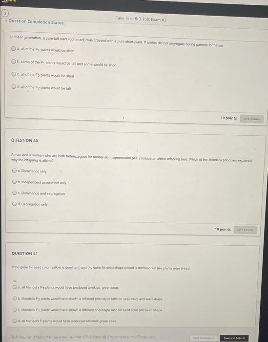 Take Test Bio 108 Exam 3 Question Completion Status In The Generation A Pure Tall Plant Dominant Was Crossed With A Pu 1