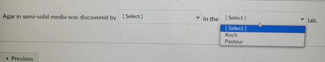 Agar In Semi Solid Media Was Discovered By Select In The Lab Select Select Koch Pasteur Previous 1