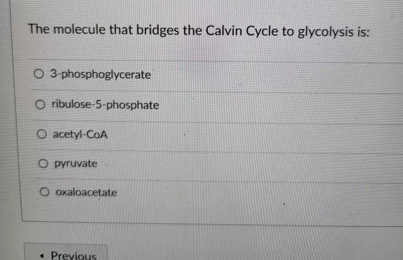 The Molecule That Bridges The Calvin Cycle To Glycolysis Is O 3 Phosphoglycerate O Ribulose 5 Phosphate O Acetyl Coa O 1