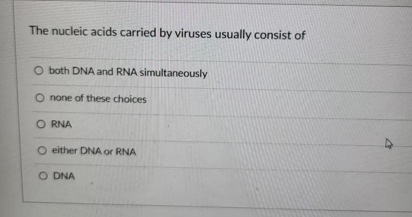 The Nucleic Acids Carried By Viruses Usually Consist Of O Both Dna And Rna Simultaneously O None Of These Choices Orna O 1