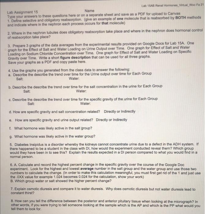 Lab 15ab Renal Hormones Virtual Woo Fa 21 Lab Assignment 15 Name Type Your Answers To These Questions Here Or On A Separ 1