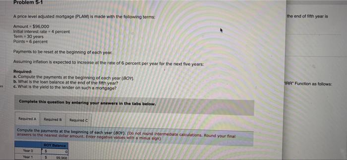Problem 5 1 A Price Level Adjusted Mortgage Plam Is Made With The Following Terms The End Of Fifth Year Is Amount 9 2