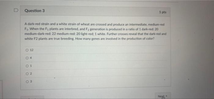 Question 3 1 Pts A Dark Red Strain And A White Strain Of Wheat Are Crossed And Produce An Intermediate Medium Red F Wh 1