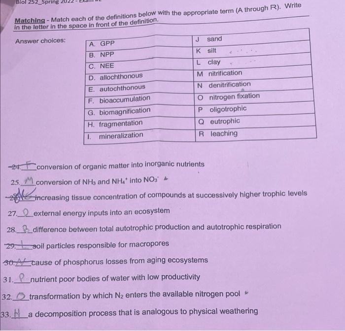 Biol 252 Spring Matching Match Each Of The Definitions Below With The Appropriate Term A Through R Write In The Let 1