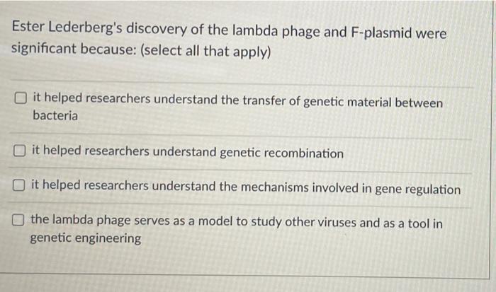 Ester Lederberg S Discovery Of The Lambda Phage And F Plasmid Were Significant Because Select All That Apply It Helpe 1