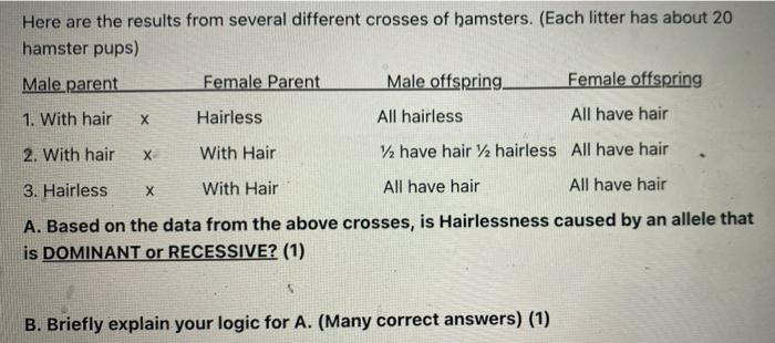 Imagine A Scenario Where Hairlessness In Hamsters Is Due To A Single Gene On An X Chromosome Here Are The Results Fro 3