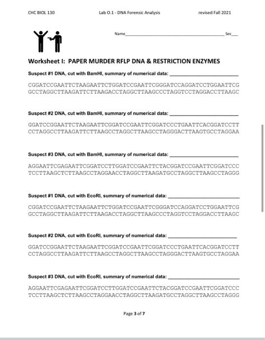Chc Biol 130 Lab 0 1 Dna Forensic Analysis Revised Fall 2021 Name Sec Yi Worksheet I Paper Murder Rflp Dna Restricti 1
