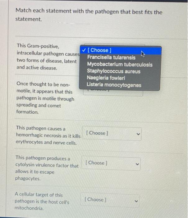 Match Each Statement With The Pathogen That Best Fits The Statement This Gram Positive Intracellular Pathogen Causes T 1