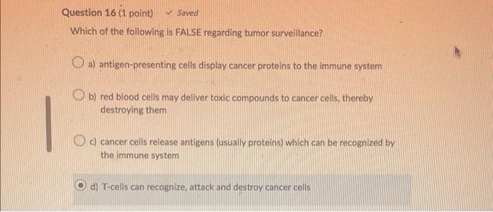 Question 16 1 Point Saved Which Of The Following Is False Regarding Tumor Surveillance A Antigen Presenting Cells Di 1