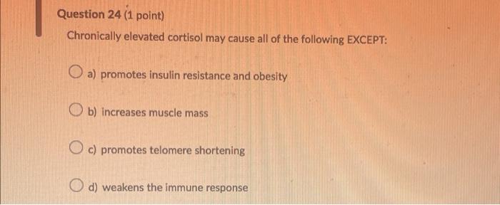 Question 24 1 Point Chronically Elevated Cortisol May Cause All Of The Following Except O A Promotes Insulin Resista 1