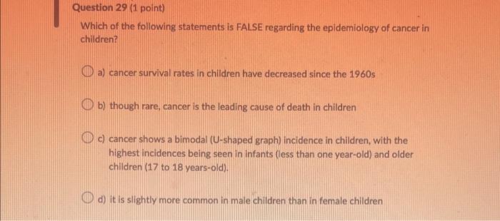 Question 29 1 Point Which Of The Following Statements Is False Regarding The Epidemiology Of Cancer In Children O A 1