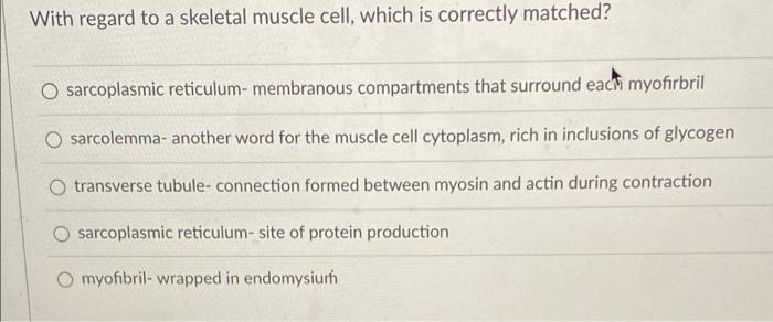 With Regard To A Skeletal Muscle Cell Which Is Correctly Matched O Sarcoplasmic Reticulum Membranous Compartments Tha 1