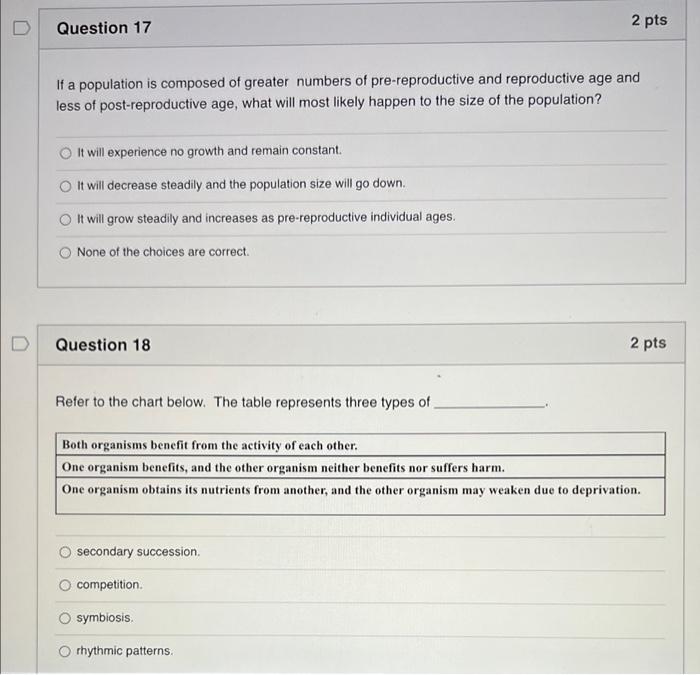 Question 17 2 Pts If A Population Is Composed Of Greater Numbers Of Pre Reproductive And Reproductive Age And Less Of Po 1