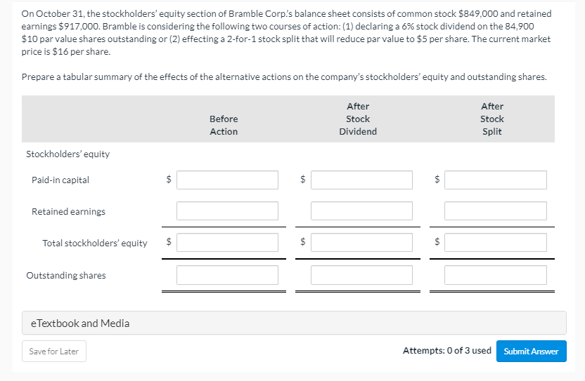 On October 31 The Stockholders Equity Section Of Bramble Corp S Balance Sheet Consists Of Common Stock 849 000 And Re 1
