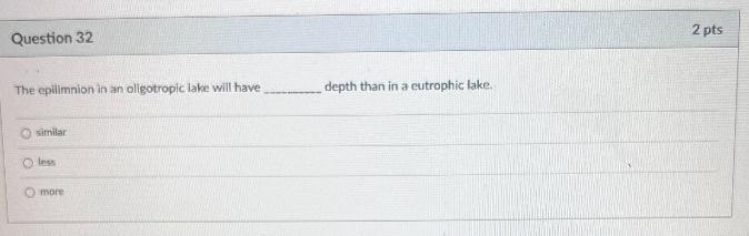 2 Pts Question 32 The Epilimnion In An Oligotropic Lake Will Have Depth Than In A Eutrophic Lake Similar Les More 1