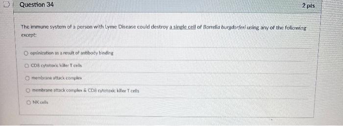 Question 34 2 Pts The Immune System Of A Person With Lyme Disease Could Destroy A Single Cell Of Borrelia Burgdorferi Us 1