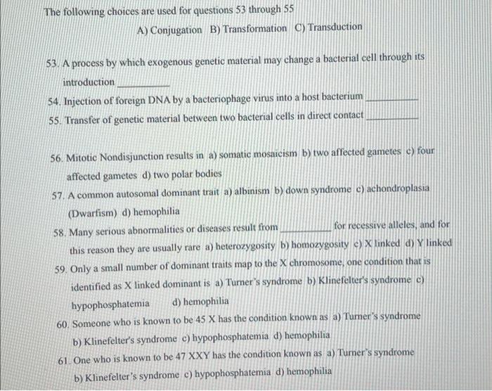 The Following Choices Are Used For Questions 53 Through 55 A Conjugation B Transformation C Transduction 53 A Proces 1