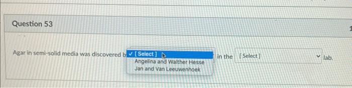 Question 53 Agar In Semi Solid Media Was Discovered B Select Angelina And Walther Hesse Jan And Van Leeuwenhoek In The 1
