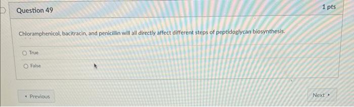 Question 49 1 Pts Chloramphenicol Bacitracin And Penicillin Will All Directly Affect Different Steps Of Peptidoglycan 1