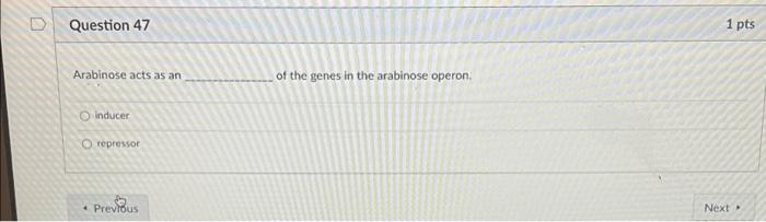 Question 47 1 Pts Arabinose Acts As An Of The Genes In The Arabinose Operon Inducer O Repressor Previous Next 1