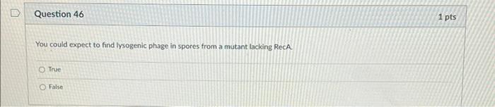 Question 46 1 Pts You Could Expect To Find Lysogenic Phage In Spores From A Mutant Lacking Reca True False 1