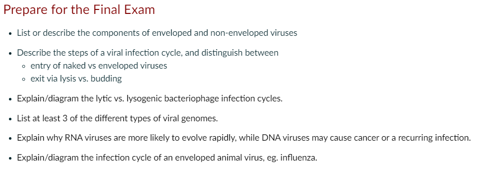 Prepare For The Final Exam List Or Describe The Components Of Enveloped And Non Enveloped Viruses Describe The Steps 1