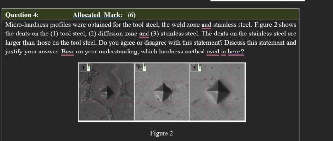 Question 4 Allocated Mark 6 Micro Hardness Profiles Were Obtained For The Tool Steel The Weld Zone And Stainless St 1