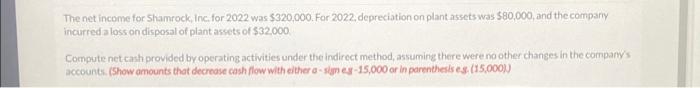 The Net Income For Shamrock Inc For 2022 Was 320 000 For 2022 Depreciation On Plant Assets Was 80 000 And The Com 1