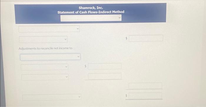 The Net Income For Shamrock Inc For 2022 Was 320 000 For 2022 Depreciation On Plant Assets Was 80 000 And The Com 2