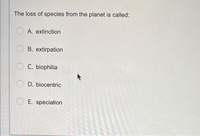 The Loss Of Species From The Planet Is Called A Extinction B Extirpation C Biophilia D Biocentric E Speciation T 1