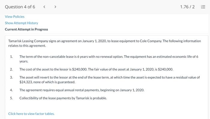 1 76 2 111 Question 4 Of 6 View Policies Show Attempt History Current Attempt In Progress Tamarisk Leasing Company Signs 1