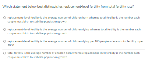 Which Statement Below Best Distinguishes Replacement Level Fertility From Total Fertility Rate O Replacement Level Fert 1