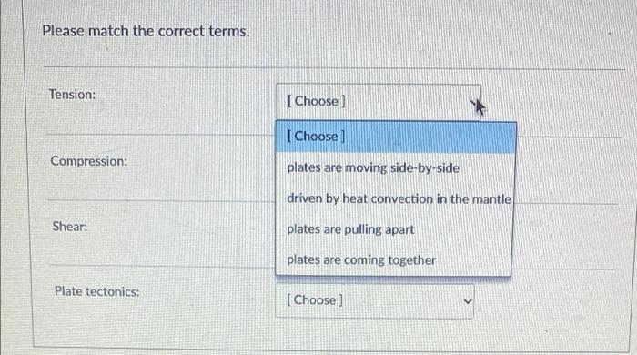Please Match The Correct Terms Tension Choose Choose Compression Plates Are Moving Side By Side Driven By Heat Con 1