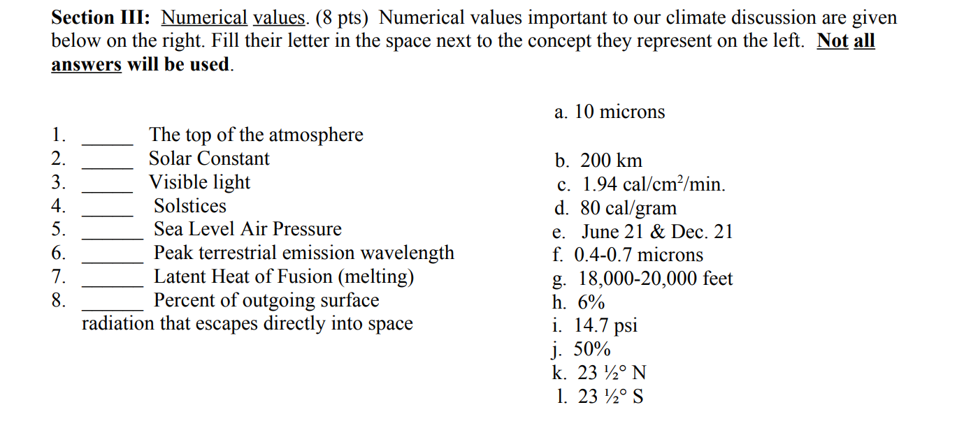 Section Iii Numerical Values 8 Pts Numerical Values Important To Our Climate Discussion Are Given Below On The Right 1