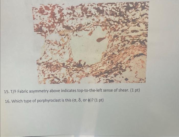 15 T F Fabric Asymmetry Above Indicates Top To The Left Sense Of Shear 1 Pt 16 Which Type Of Porphyroclast Is This 1