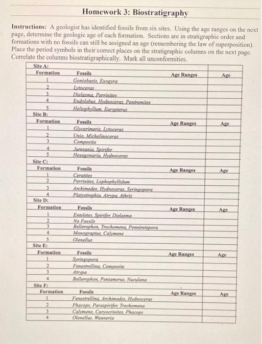 Homework 3 Biostratigraphy Instructions A Geologist Has Identified Fossils From Six Sites Using The Age Ranges On The 1