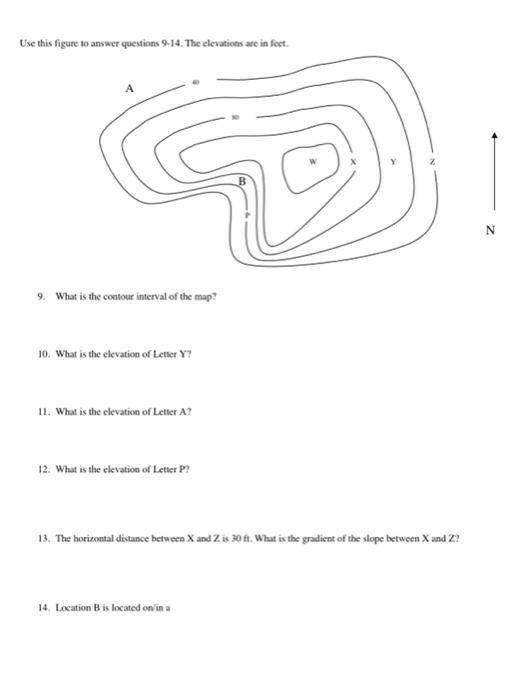 Use This Figure To Answer Questions 9 14 The Elevations Are In Feet N 9 What Is The Contour Interval Of The Map 10 1